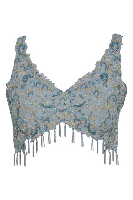 Buy Nitika Kanodia Gupta Grey Crepe, Georgette V Neck Draped Pant With Hand Embroidered Blouse Online at Aza Fashions Buy_Nitika Kanodia Gupta_Grey Crepe, Georgette V Neck Draped Pant With Hand Embroidered Blouse_Online_at_Aza_Fashions