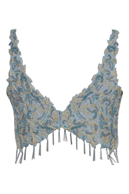 Shop Nitika Kanodia Gupta Grey Crepe, Georgette V Neck Draped Pant With Hand Embroidered Blouse Online at Aza Fashions Shop_Nitika Kanodia Gupta_Grey Crepe, Georgette V Neck Draped Pant With Hand Embroidered Blouse_Online_at_Aza_Fashions