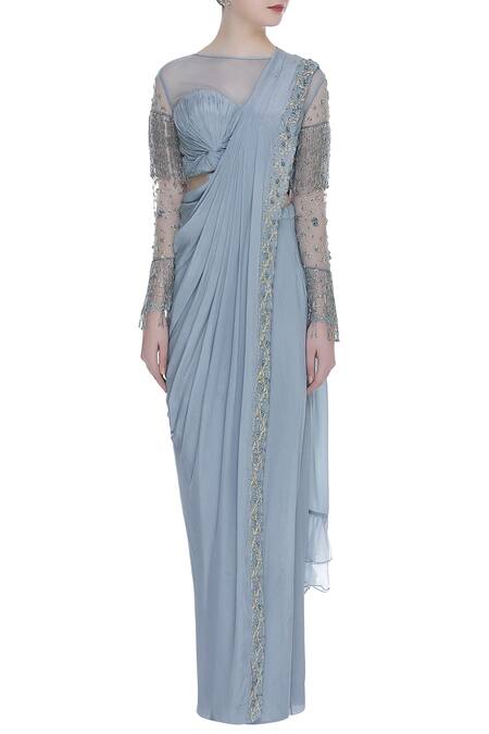 Shop_Nitika Kanodia Gupta_Grey Crepe, Georgette Pre-stitched Draped Saree With Hand Embroidered Blouse_Online_at_Aza_Fashions