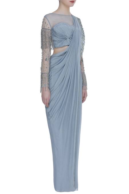 Nitika Kanodia Gupta_Grey Crepe, Georgette Pre-stitched Draped Saree With Hand Embroidered Blouse_Online_at_Aza_Fashions