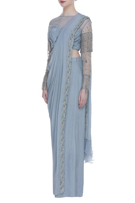 Buy_Nitika Kanodia Gupta_Grey Crepe, Georgette Pre-stitched Draped Saree With Hand Embroidered Blouse_Online_at_Aza_Fashions