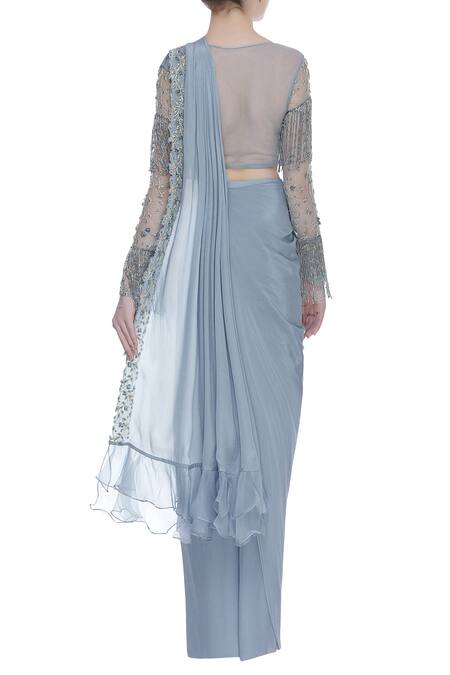 Shop_Nitika Kanodia Gupta_Grey Crepe, Georgette Pre-stitched Draped Saree With Hand Embroidered Blouse_at_Aza_Fashions