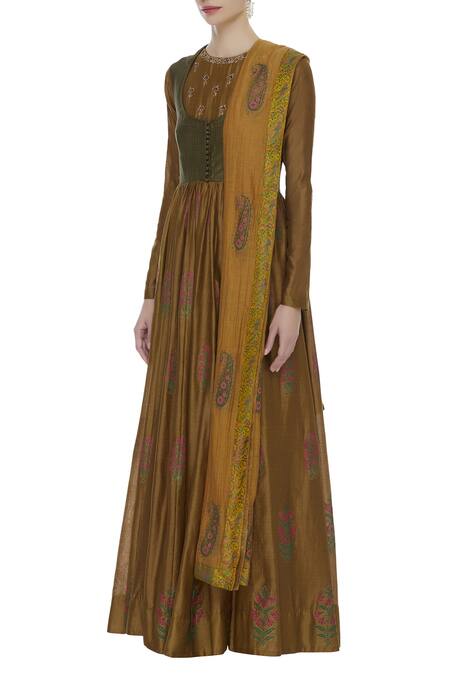 Virtuoso By Mekha And Anurag_Brown Cotton Silk Embroidered Floral Collared Printed Anarkali With Dupatta_Online_at_Aza_Fashions