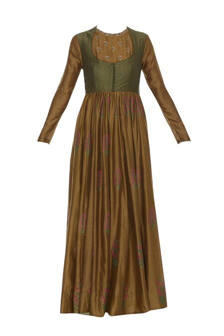 Buy_Virtuoso By Mekha And Anurag_Brown Cotton Silk Embroidered Floral Collared Printed Anarkali With Dupatta_Online_at_Aza_Fashions