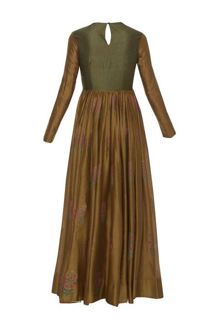 Shop_Virtuoso By Mekha And Anurag_Brown Cotton Silk Embroidered Floral Collared Printed Anarkali With Dupatta_Online_at_Aza_Fashions