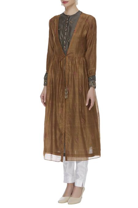 Virtuoso By Mekha And Anurag_Brown Cotton Silk Embroidered Floral Collared Inner Kurta With Tunic Jacket_Online_at_Aza_Fashions