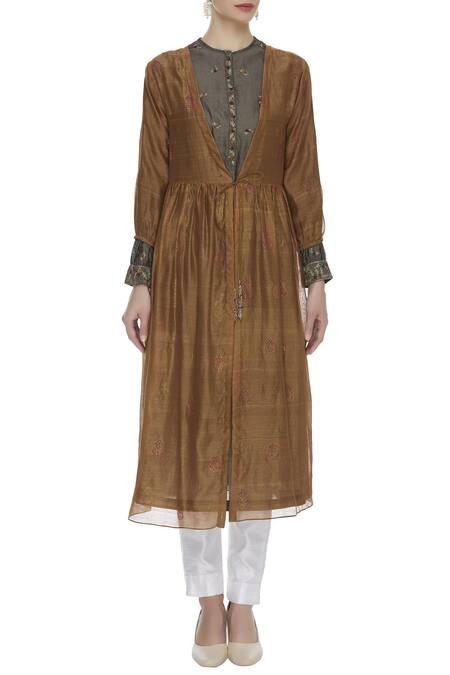 Buy_Virtuoso By Mekha And Anurag_Brown Cotton Silk Embroidered Floral Collared Inner Kurta With Tunic Jacket_Online_at_Aza_Fashions