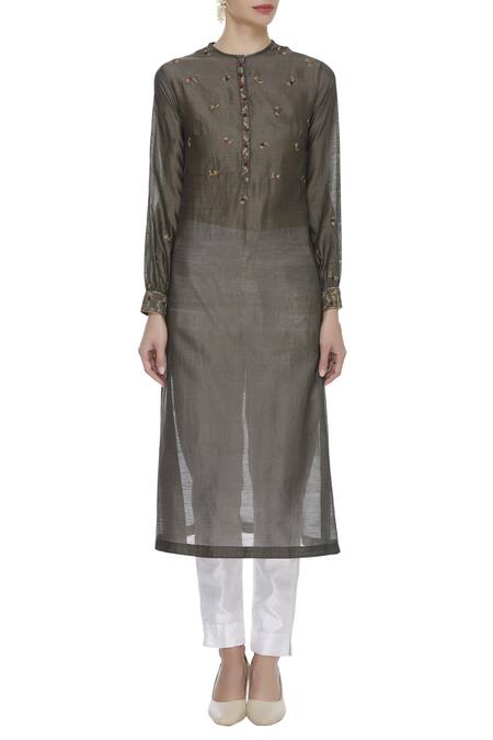 Shop_Virtuoso By Mekha And Anurag_Brown Cotton Silk Embroidered Floral Collared Inner Kurta With Tunic Jacket_Online_at_Aza_Fashions