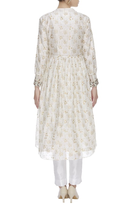 Shop Virtuoso By Mekha And Anurag White Cotton Silk Embroidered Floral Block Print Tunic Jacket With Kurta at Aza Fashions Shop_Virtuoso By Mekha And Anurag_White Cotton Silk Embroidered Floral Block Print Tunic Jacket With Kurta_at_Aza_Fashions