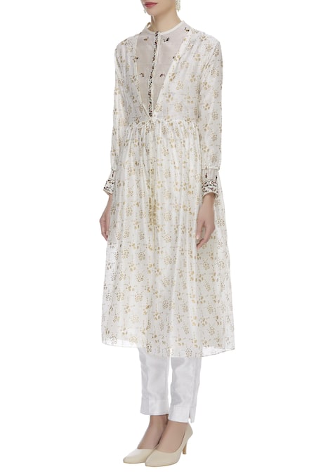 Virtuoso By Mekha And Anurag White Cotton Silk Embroidered Floral Block Print Tunic Jacket With Kurta Online at Aza Fashions Virtuoso By Mekha And Anurag_White Cotton Silk Embroidered Floral Block Print Tunic Jacket With Kurta_Online_at_Aza_Fashions