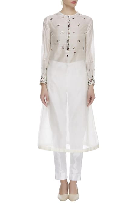 Shop Virtuoso By Mekha And Anurag White Cotton Silk Embroidered Floral Block Print Tunic Jacket With Kurta Online at Aza Fashions Shop_Virtuoso By Mekha And Anurag_White Cotton Silk Embroidered Floral Block Print Tunic Jacket With Kurta_Online_at_Aza_Fashions