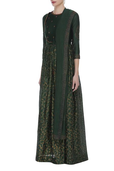 Virtuoso By Mekha And Anurag_Green Cotton Silk Embroidered Cutdana And Printed Anarkali Kurta With Dupatta_Online_at_Aza_Fashions