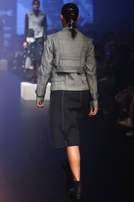 Shop Virtuoso By Mekha And Anurag Grey Cotton Denim Embroidered Thread Mandarin Block Print Layered Jacket at Aza Fashions Shop_Virtuoso By Mekha And Anurag_Grey Cotton Denim Embroidered Thread Mandarin Block Print Layered Jacket_at_Aza_Fashions