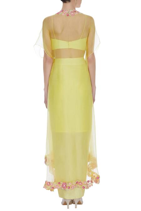 Shop_Kresha Lulla_Yellow Embroidered Jacket And Draped Skirt Set_at_Aza_Fashions