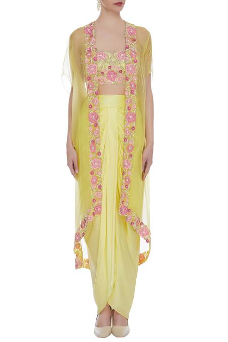 Buy_Kresha Lulla_Yellow Embroidered Jacket And Draped Skirt Set_Online_at_Aza_Fashions