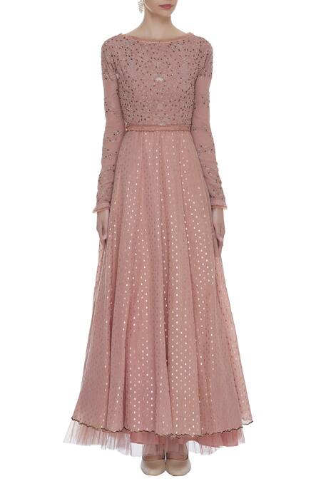Shop_House Of Kotwara_Pink Chanderi Embroidered Boat Neck Embellished Anarkali Set  _Online_at_Aza_Fashions
