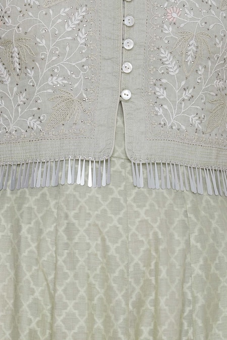 House Of Kotwara_Green Cotton Printed Chikankari Mandarin Collar Jacket And Kurta Set  _at_Aza_Fashions