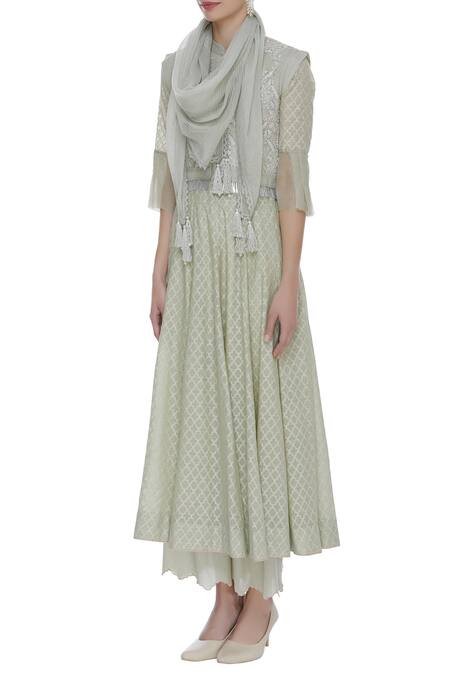 House Of Kotwara_Green Cotton Printed Chikankari Mandarin Collar Jacket And Kurta Set  _Online_at_Aza_Fashions