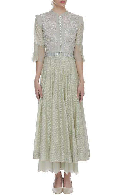 Buy_House Of Kotwara_Green Cotton Printed Chikankari Mandarin Collar Jacket And Kurta Set  _Online_at_Aza_Fashions