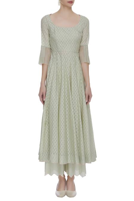 Shop_House Of Kotwara_Green Cotton Printed Chikankari Mandarin Collar Jacket And Kurta Set  _Online_at_Aza_Fashions