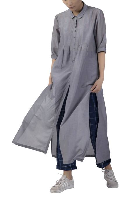 THREE Grey Collared Cotton Silk Kurta