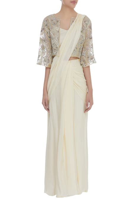 Buy_Samatvam By Anjali Bhaskar_Cream Organza, Crepe Embroidered Bralette Pre Draped Saree With Zari _Online_at_Aza_Fashions