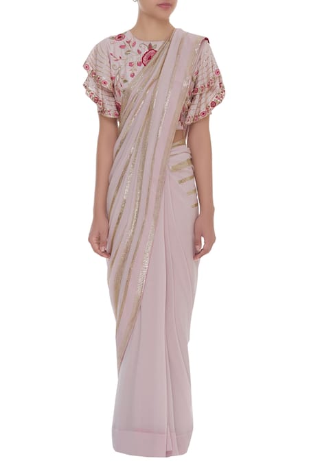 Samatvam By Anjali Bhaskar Pink Silk, Georgette Embroidered Round Neckline Hand Saree With Blouse Online at Aza Fashions Samatvam By Anjali Bhaskar_Pink Silk, Georgette Embroidered Round Neckline Hand Saree With Blouse _Online_at_Aza_Fashions