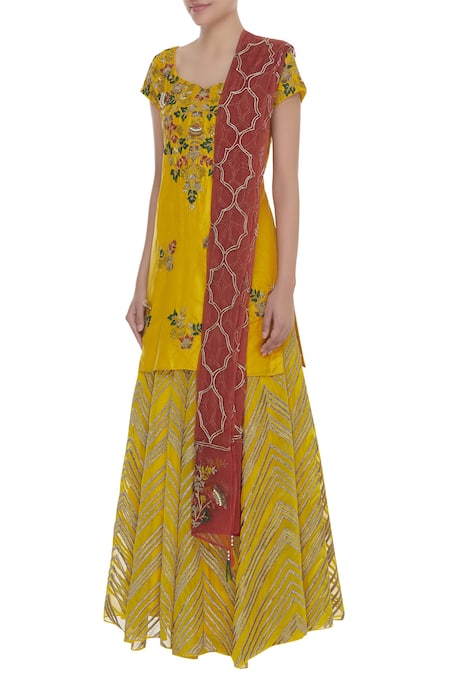 Buy_Samatvam By Anjali Bhaskar_Yellow Viscose Georgette, Silk Organza Sequins And Bead Kurta Lehenga Set _Online_at_Aza_Fashions