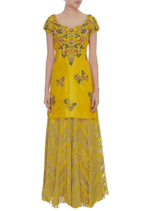 Shop_Samatvam By Anjali Bhaskar_Yellow Viscose Georgette, Silk Organza Sequins And Bead Kurta Lehenga Set _Online_at_Aza_Fashions