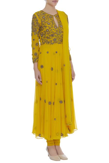 Samatvam By Anjali Bhaskar Yellow Viscose Georgette, Lycra Net Cut Dana Mirror And Embroidered Anarkali Set Online at Aza Fashions Samatvam By Anjali Bhaskar_Yellow Viscose Georgette, Lycra Net Cut Dana Mirror And Embroidered Anarkali Set _Online_at_Aza_Fashions