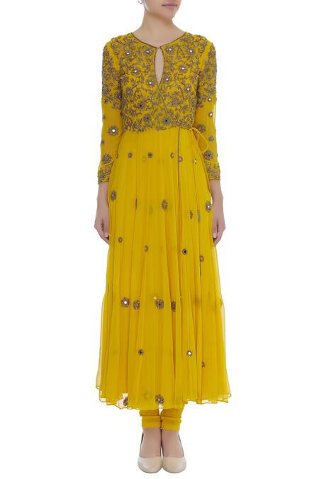Shop Samatvam By Anjali Bhaskar Yellow Viscose Georgette, Lycra Net Cut Dana Mirror And Embroidered Anarkali Set Online at Aza Fashions Shop_Samatvam By Anjali Bhaskar_Yellow Viscose Georgette, Lycra Net Cut Dana Mirror And Embroidered Anarkali Set _Online_at_Aza_Fashions