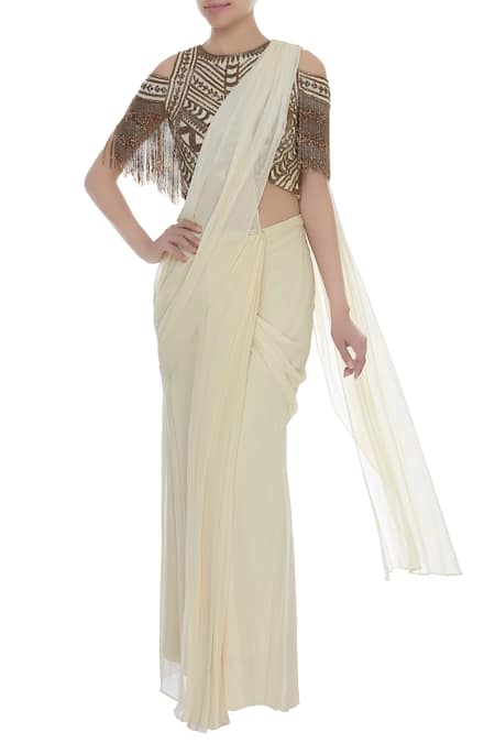 Samatvam By Anjali Bhaskar Cold shoulder embroidered blouse with pre draped saree 