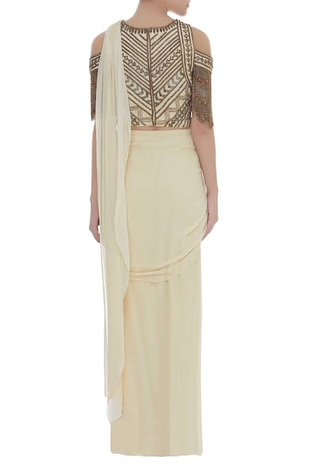 Samatvam By Anjali Bhaskar Cold shoulder embroidered blouse with pre draped saree 