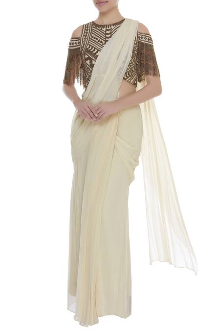 Samatvam By Anjali Bhaskar_White Viscose Georgette Cold Shoulder Embroidered Blouse With Pre Draped Saree _Online_at_Aza_Fashions