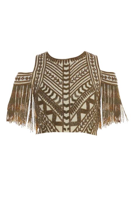 Buy_Samatvam By Anjali Bhaskar_White Viscose Georgette Cold Shoulder Embroidered Blouse With Pre Draped Saree _Online_at_Aza_Fashions