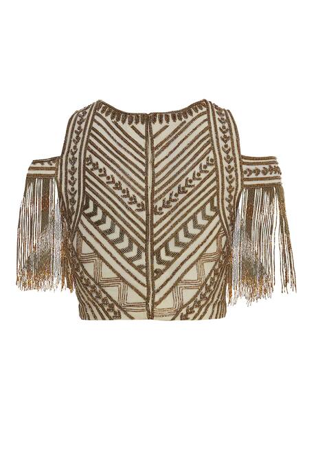 Shop_Samatvam By Anjali Bhaskar_White Viscose Georgette Cold Shoulder Embroidered Blouse With Pre Draped Saree _Online_at_Aza_Fashions