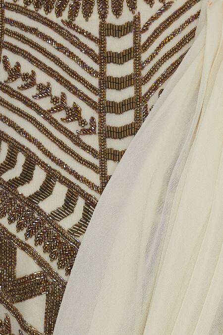 Samatvam By Anjali Bhaskar_White Viscose Georgette Cold Shoulder Embroidered Blouse With Pre Draped Saree _at_Aza_Fashions