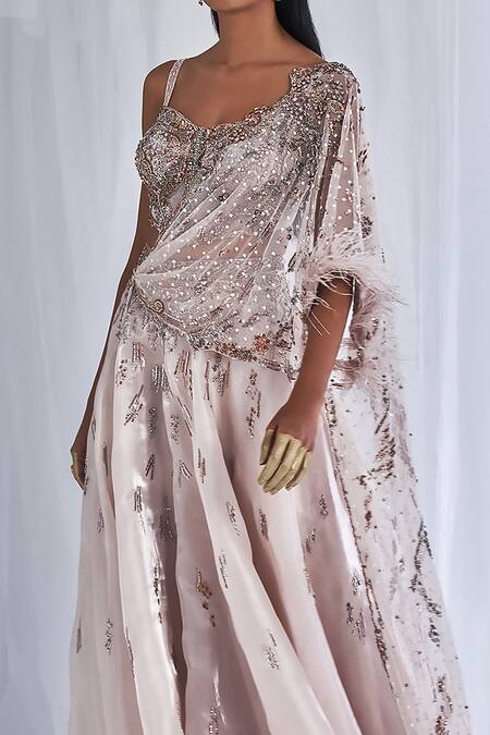 Dolly J_Silver Organza Pearls, Cut Work, Sequins V-neck Oksana Embroidered Lehenga Set _Online_at_Aza_Fashions