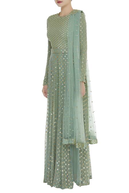 Buy_Abhi Singh_Green Embroidered Anarkali With Attached Dupatta  _Online_at_Aza_Fashions