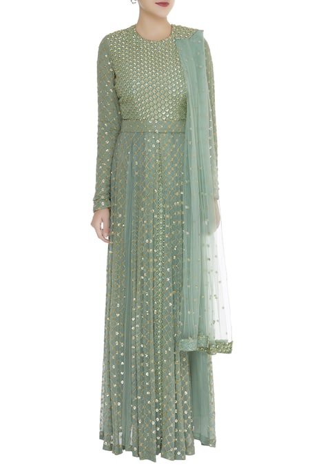 Shop_Abhi Singh_Green Embroidered Anarkali With Attached Dupatta  _Online_at_Aza_Fashions