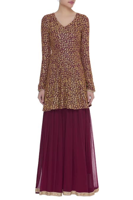 Shop_Abhi Singh_Maroon Layered Anarkali With Dupatta  _Online_at_Aza_Fashions