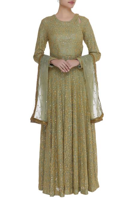 Abhi Singh_Green Embroidered Anarkali With Dupatta  _Online_at_Aza_Fashions