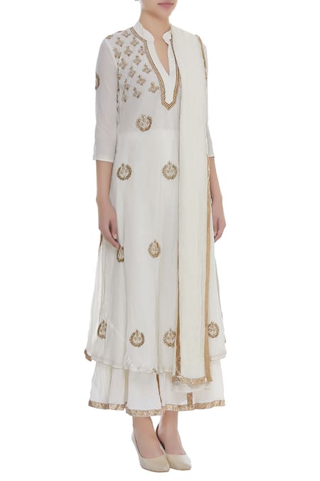 Nazar By Indu_Off White Cotton Voil Kundan, Beads A-line Embroidered Kurta Sharara Set _Online_at_Aza_Fashions
