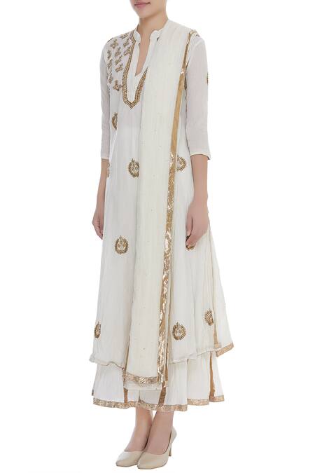 Buy_Nazar By Indu_Off White Cotton Voil Kundan, Beads A-line Embroidered Kurta Sharara Set _Online_at_Aza_Fashions