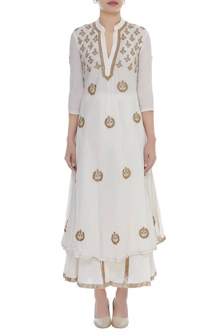 Shop_Nazar By Indu_Off White Cotton Voil Kundan, Beads A-line Embroidered Kurta Sharara Set _Online_at_Aza_Fashions
