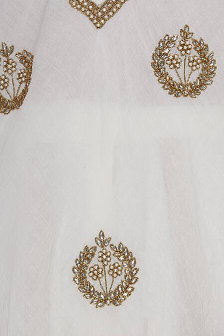 Nazar By Indu_Off White Cotton Voil Kundan, Beads A-line Embroidered Kurta Sharara Set _at_Aza_Fashions