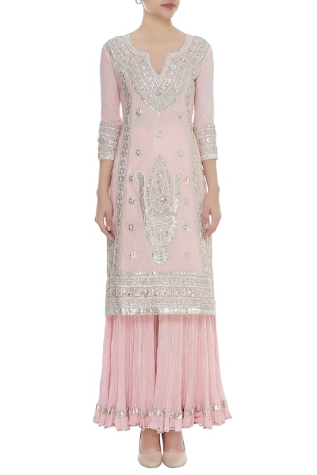 Shop_Nazar By Indu_Pink Cotton Voil Embroidered Notched Gota Pati Kurta Sharara Set _Online_at_Aza_Fashions