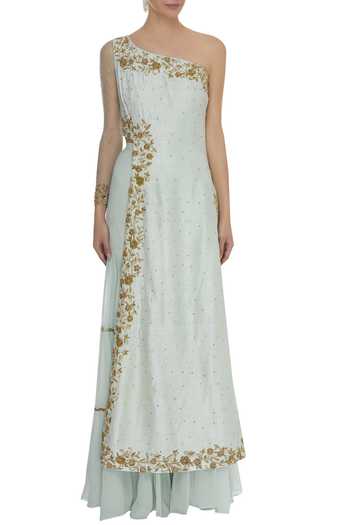 Shop_Neha Mehta Couture_Green One Shoulder Kurta Sharara Set_Online_at_Aza_Fashions