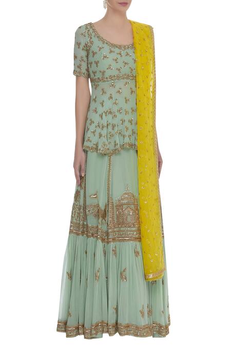 Neha Mehta Couture_Blue Zardozi Peplum Blouse Embroidered Lehenga Set _Online_at_Aza_Fashions