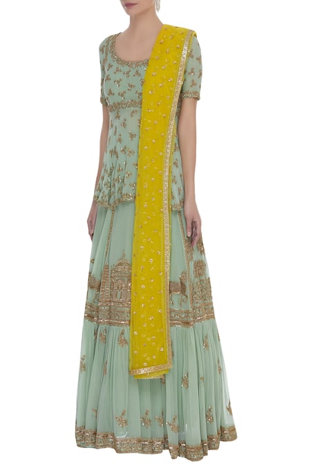 Buy_Neha Mehta Couture_Blue Zardozi Peplum Blouse Embroidered Lehenga Set _Online_at_Aza_Fashions